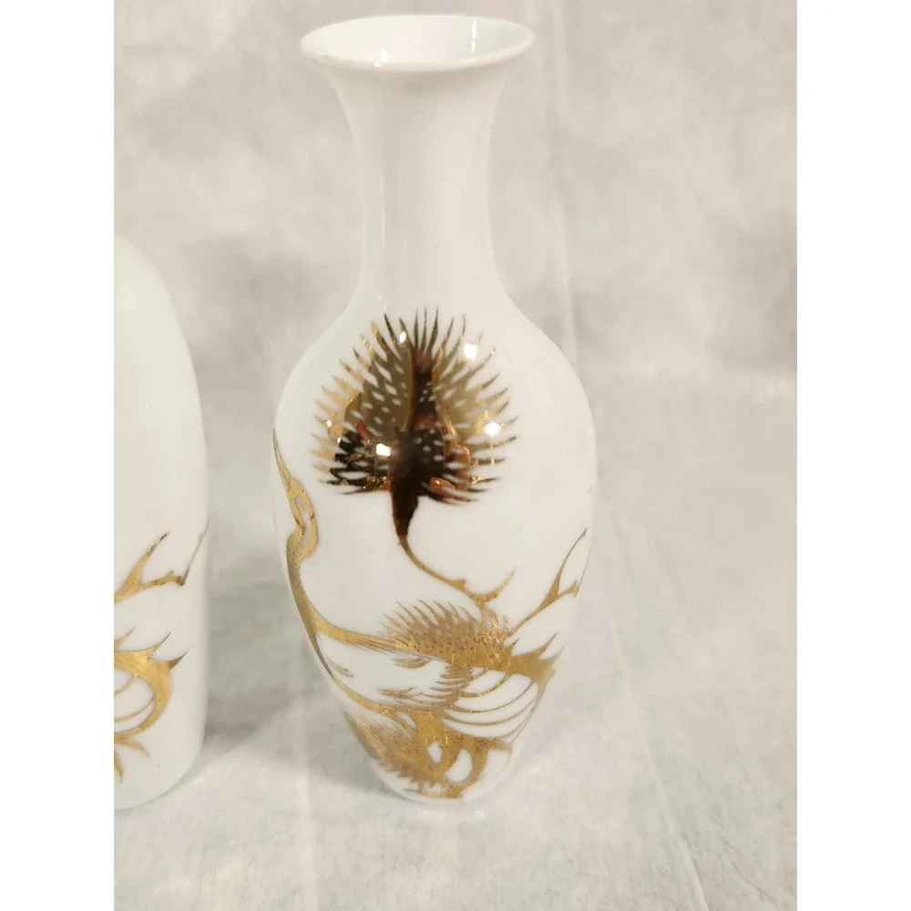 Vintage Jingdezhen Chinese Miniature Porcelain Bud Vase Set 5pc Gold Crane Box